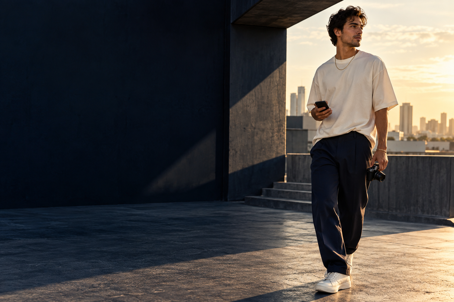 Editorial image of an adult male creator with a camera in an urban setting